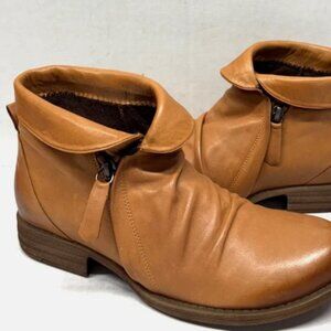 MIZ MOOZ RUCHED SOFT LEATHER BOOTIE SIDE ZIP CAMEL 37EU / 7US NEW # Z-246